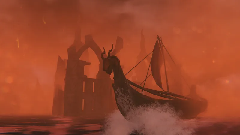 A dragon-prowed longship sailing Ashlands waters