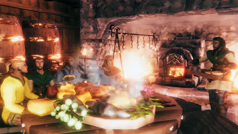A feast in a finished Valheim hall — comfort is why the furniture matters