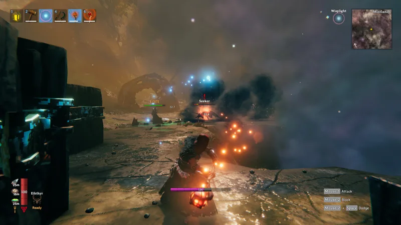A Seeker fight inside black-marble halls — the Mistlands dungeon tier