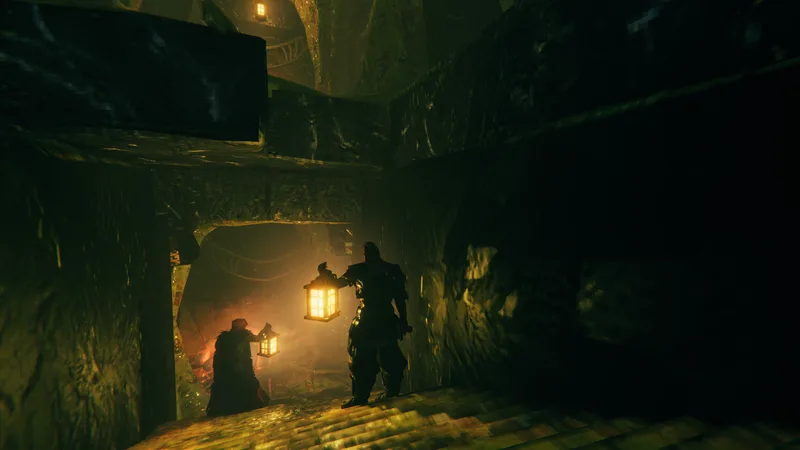 Lantern light inside a Mistlands ruin — the fog never lifts for long