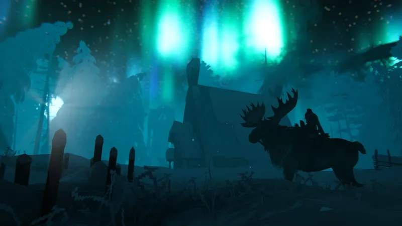 A Viking riding a Moose through a Deep North village
