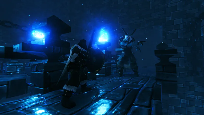 Two Vikings pushing through a Deep North dungeon corridor